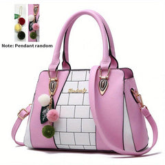 Pom Pom Decor Zipper Tote Bag PU Leather Handbag