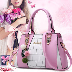 Pom Pom Decor Zipper Tote Bag PU Leather Handbag