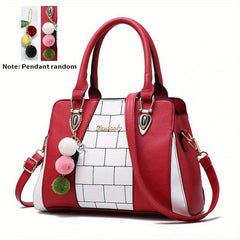 Pom Pom Decor Zipper Tote Bag PU Leather Handbag