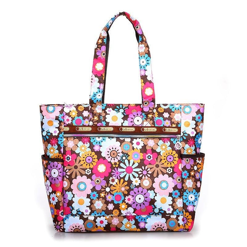 Floral Pattern Nylon Tote Bag Large Capacity Shoulder Bag for Shopping & Travel