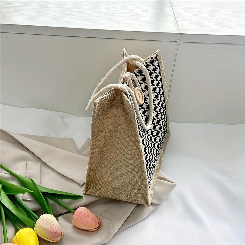 Houndstooth Pattern Canvas Bag Large Capacity Lightweight Satchel