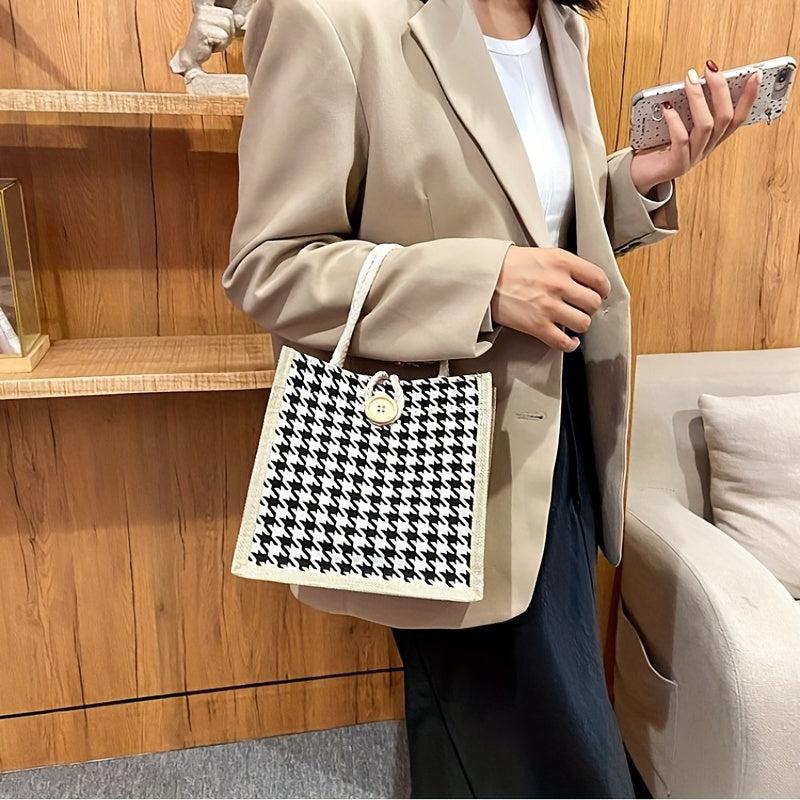 Houndstooth Pattern Canvas Bag Large Capacity Lightweight Satchel
