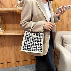 Houndstooth Pattern Canvas Bag Large Capacity Lightweight Satchel