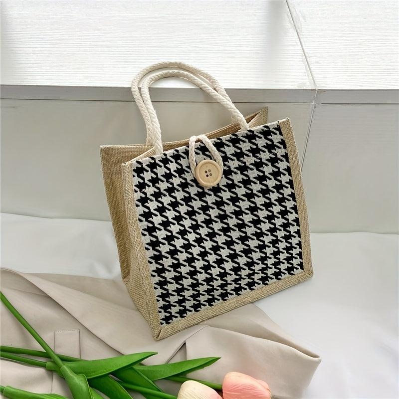Houndstooth Pattern Canvas Bag Large Capacity Lightweight Satchel
