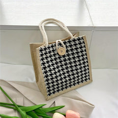 Houndstooth Pattern Canvas Bag Large Capacity Lightweight Satchel