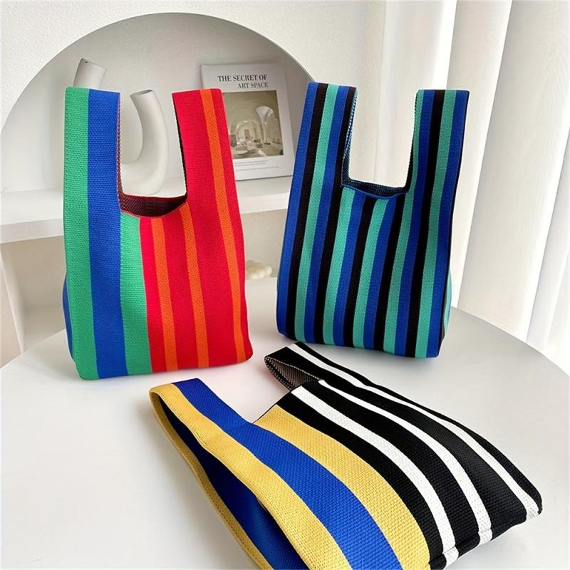 Striped Print Multicolored Knitted Casual Handbag Large Capacity