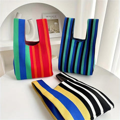 Striped Print Multicolored Knitted Casual Handbag Large Capacity