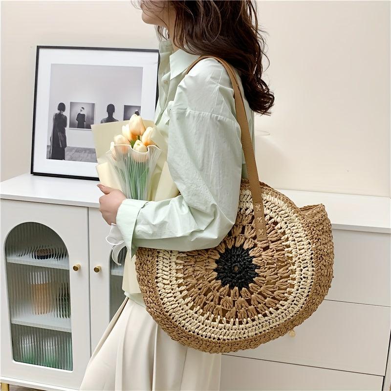 Boho Style Straw Handbag Round Beach Bag