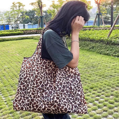 Leopard Pattern Tote Shoulder Bag Lightweight Foldable Shopping Bag