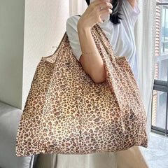 Leopard Pattern Tote Shoulder Bag Lightweight Foldable Shopping Bag