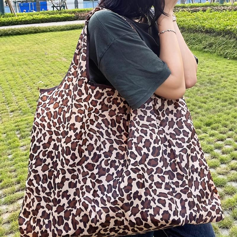 Leopard Pattern Tote Shoulder Bag Lightweight Foldable Shopping Bag