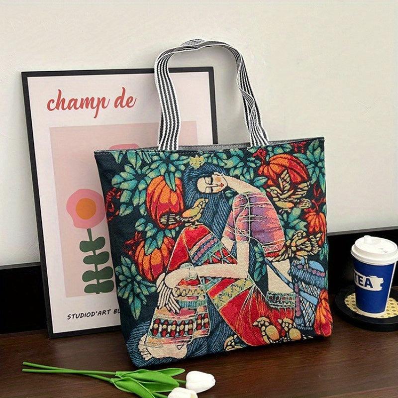 Floral & Figure Pattern Casual Tote Bag Large Capacity Canvas Shoulder Bag