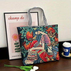 Floral & Figure Pattern Casual Tote Bag Large Capacity Canvas Shoulder Bag