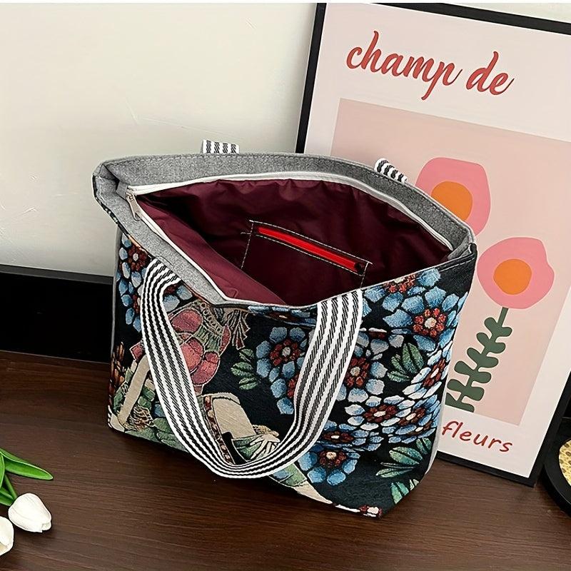 Floral & Figure Pattern Casual Tote Bag Large Capacity Canvas Shoulder Bag
