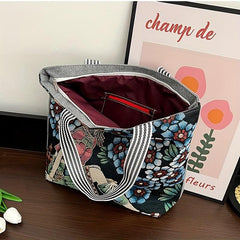 Floral & Figure Pattern Casual Tote Bag Large Capacity Canvas Shoulder Bag