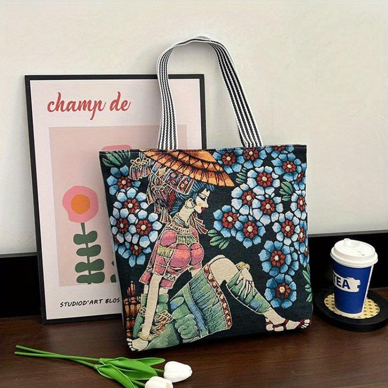 Floral & Figure Pattern Casual Tote Bag Large Capacity Canvas Shoulder Bag
