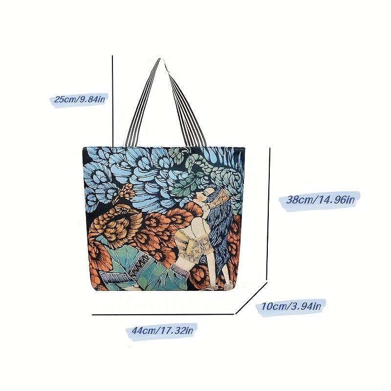 Floral & Figure Pattern Casual Tote Bag Large Capacity Canvas Shoulder Bag