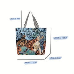 Floral & Figure Pattern Casual Tote Bag Large Capacity Canvas Shoulder Bag