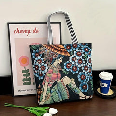 Floral & Figure Pattern Casual Tote Bag Large Capacity Canvas Shoulder Bag