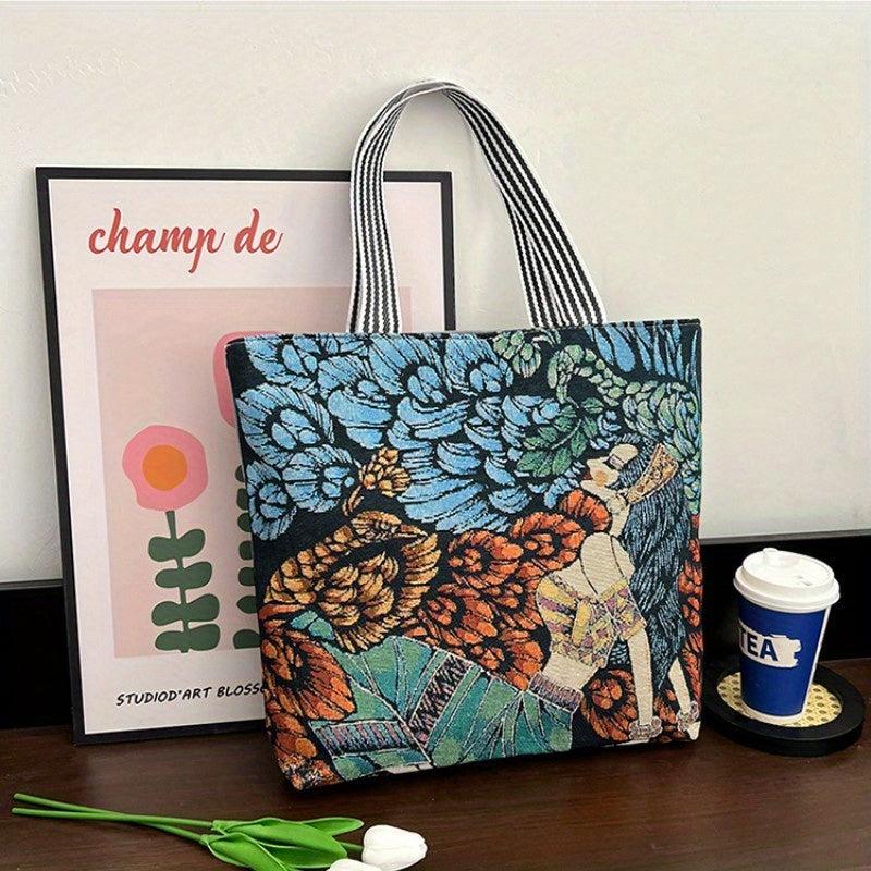 Floral & Figure Pattern Casual Tote Bag Large Capacity Canvas Shoulder Bag