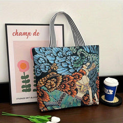 Floral & Figure Pattern Casual Tote Bag Large Capacity Canvas Shoulder Bag