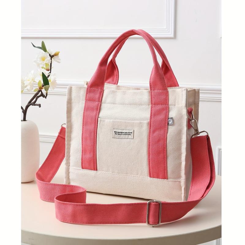 Colorblock Square Canvas Bag Handbag Versatile Grocery Casual Shopping Bag