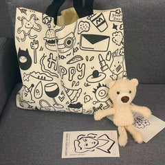 Cartoon Graffiti Canvas Tote Bag Large Capacity Shoulder Bag