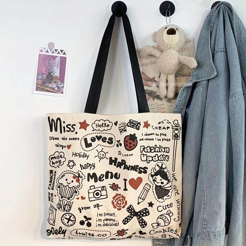 Cartoon Graffiti Canvas Tote Bag Large Capacity Shoulder Bag