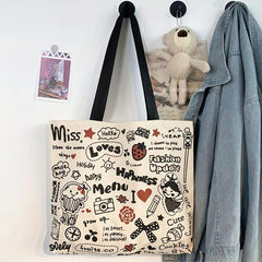 Cartoon Graffiti Canvas Tote Bag Large Capacity Shoulder Bag