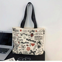 Cartoon Graffiti Canvas Tote Bag Large Capacity Shoulder Bag