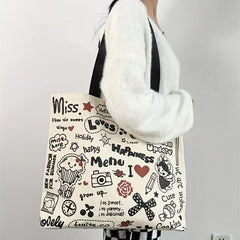 Cartoon Graffiti Canvas Tote Bag Large Capacity Shoulder Bag