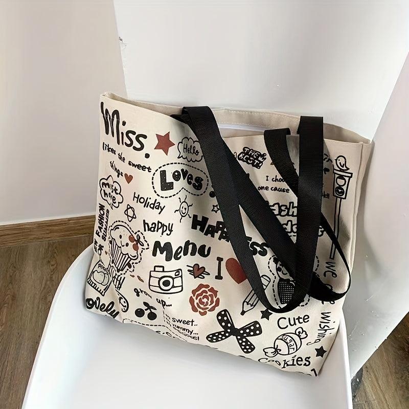 Cartoon Graffiti Canvas Tote Bag Large Capacity Shoulder Bag