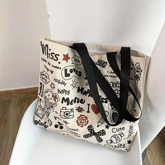Cartoon Graffiti Canvas Tote Bag Large Capacity Shoulder Bag
