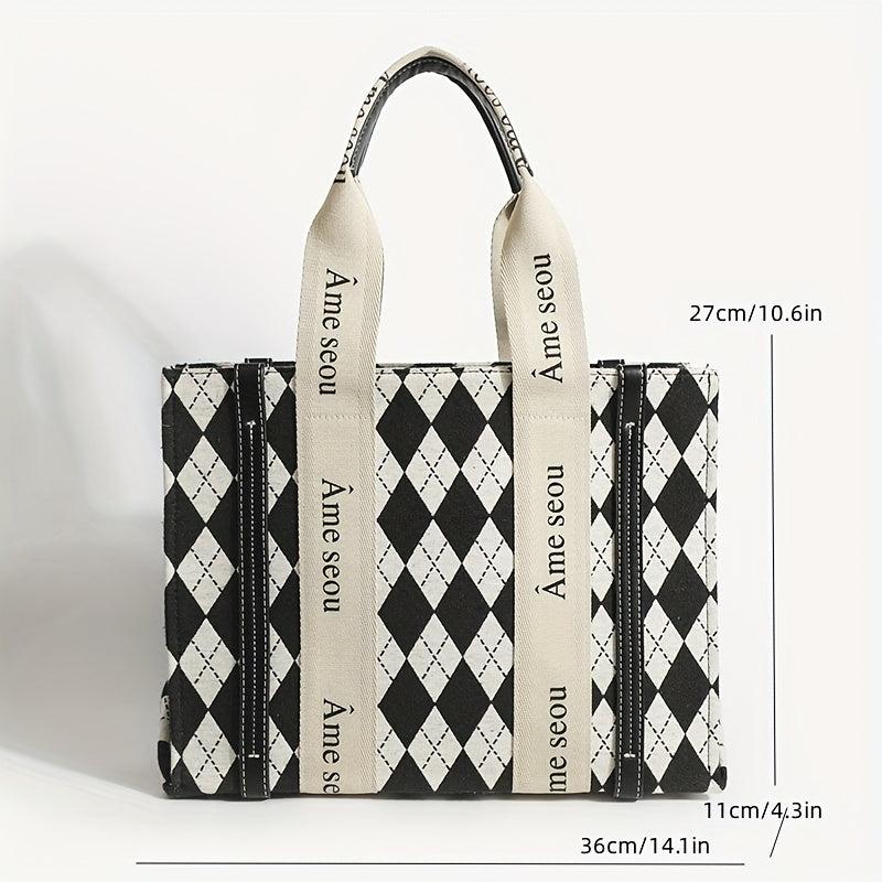 Argyle Pattern Tote Bag Classic Print Shoulder Bag Women's