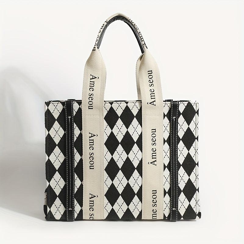 Argyle Pattern Tote Bag Classic Print Shoulder Bag Women's