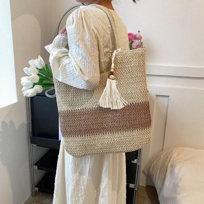 Boho Style Straw Tote Bag with Tassel Decor