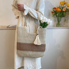 Boho Style Straw Tote Bag with Tassel Decor