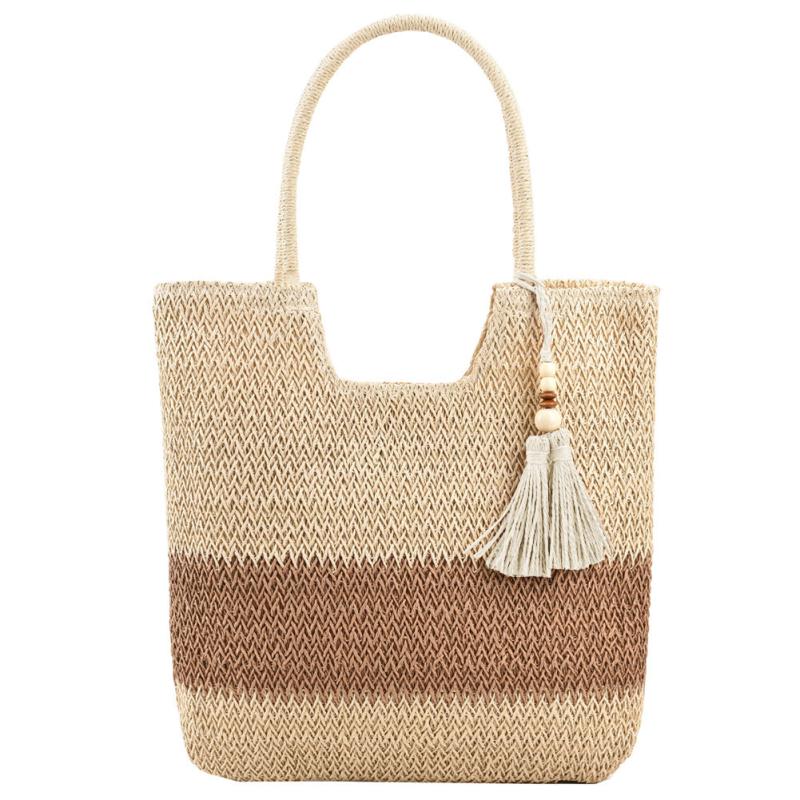 Boho Style Straw Tote Bag with Tassel Decor