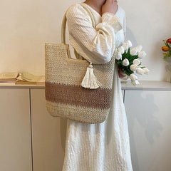 Boho Style Straw Tote Bag with Tassel Decor