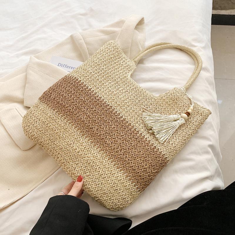 Boho Style Straw Tote Bag with Tassel Decor