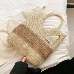 Boho Style Straw Tote Bag with Tassel Decor