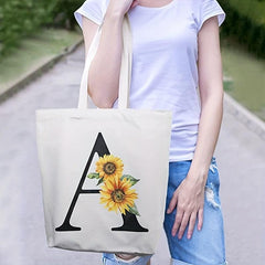 Letter & Sunflower Pattern Canvas Bag Lightweight All Match Storage Bag