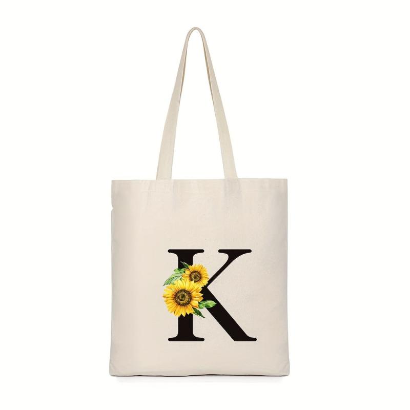 Letter & Sunflower Pattern Canvas Bag Lightweight All Match Storage Bag