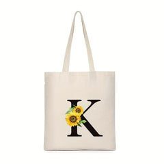 Letter & Sunflower Pattern Canvas Bag Lightweight All Match Storage Bag