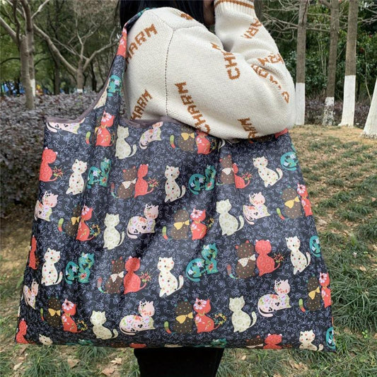 Large Capacity Shoulder Nylon Bag Cartoon Cats Print Foldable Shopper Bag