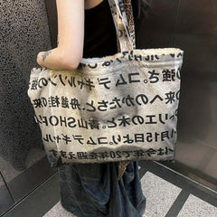 Japanese Style Canvas Tote Bag Letter Print Shoulder Bag