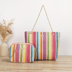 Rainbow Woven Bag Set Tote & Crossbody Women Summer Travel Bags