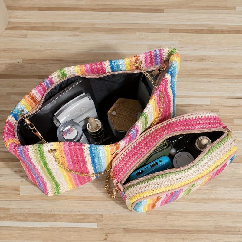 Rainbow Woven Bag Set Tote & Crossbody Women Summer Travel Bags