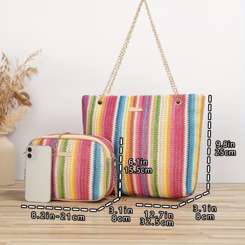 Rainbow Woven Bag Set Tote & Crossbody Women Summer Travel Bags