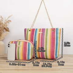 Rainbow Woven Bag Set Tote & Crossbody Women Summer Travel Bags